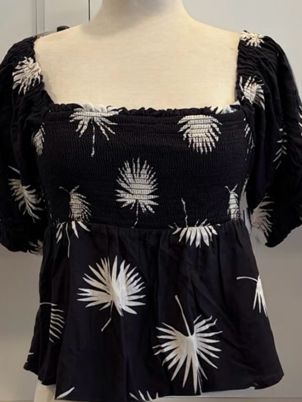 Volcom Black Smocked Square-Neck Top with White Palm Print